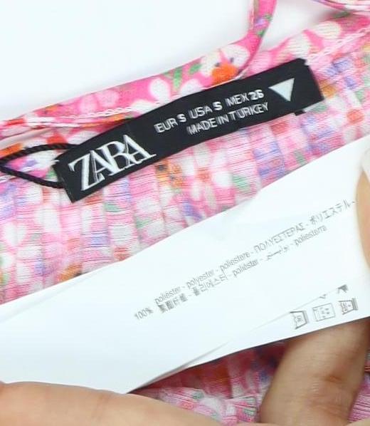Zara Women Pink Floral Pleated Fit & Flare Short Dress Size S