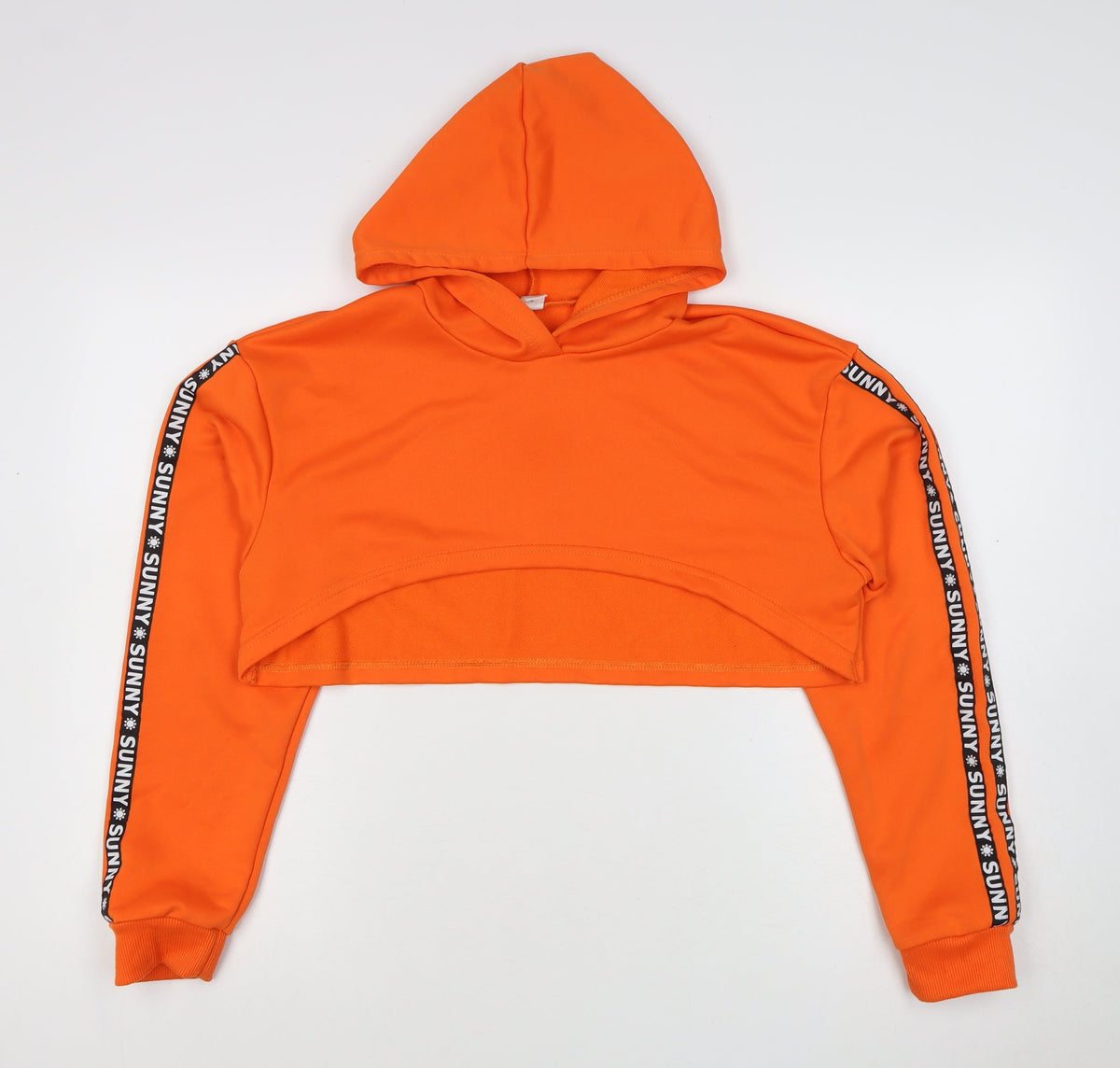 Back view of SHEIN girls’ orange 16 years cropped pullover hoodie sunny tape