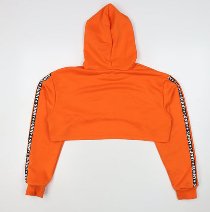 Close-up detail of SHEIN girls’ orange 16 years cropped pullover hoodie sunny tape