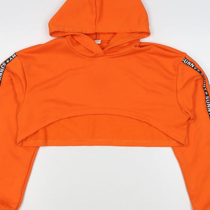 Additional view of SHEIN girls’ orange 16 years cropped pullover hoodie sunny tape