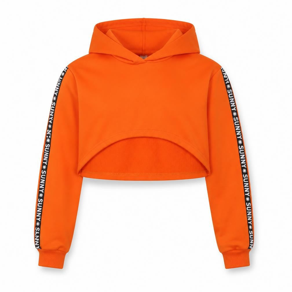 Front view of SHEIN girls’ orange 16 years cropped pullover hoodie sunny tape