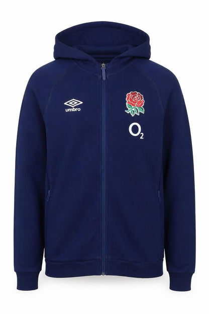 Front view of Umbro Teens Blue XL England Rugby O2 Full Zip Hooded Hoodie