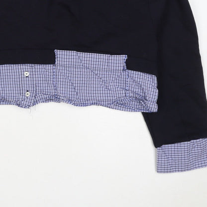 Zara Women Black Blue Check Layered Crop Sweatshirt M Crew Neck