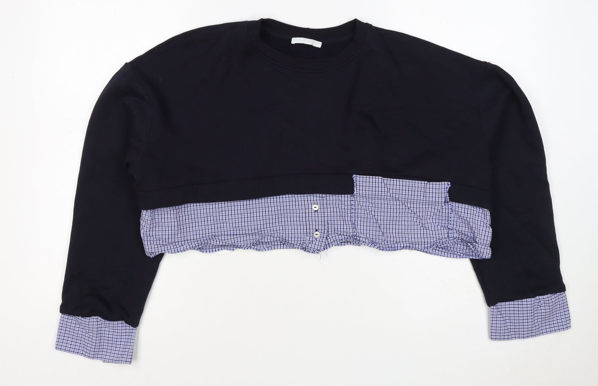 Zara Women Black Blue Check Layered Crop Sweatshirt M Crew Neck