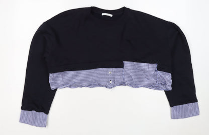 Zara Women Black Blue Check Layered Crop Sweatshirt M Crew Neck