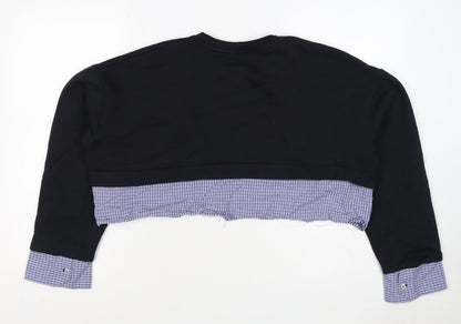 Zara Women Black Blue Check Layered Crop Sweatshirt M Crew Neck