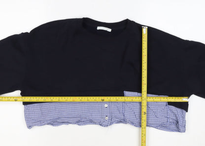 Zara Women Black Blue Check Layered Crop Sweatshirt M Crew Neck
