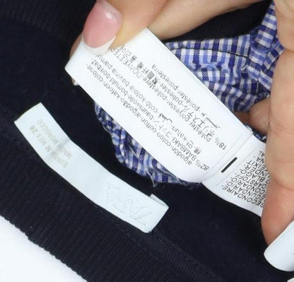 Zara Women Black Blue Check Layered Crop Sweatshirt M Crew Neck