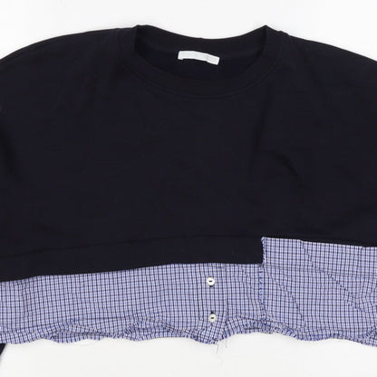 Zara Women Black Blue Check Layered Crop Sweatshirt M Crew Neck