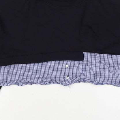 Zara Women Black Blue Check Layered Crop Sweatshirt M Crew Neck