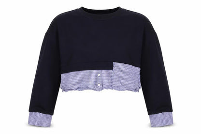 Zara Women Black Blue Check Layered Crop Sweatshirt M Crew Neck