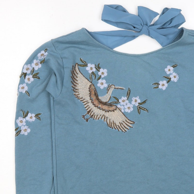 Naf Naf Women’s Blue S Embroidered Beaded Bird Tie Back Sweatshirt