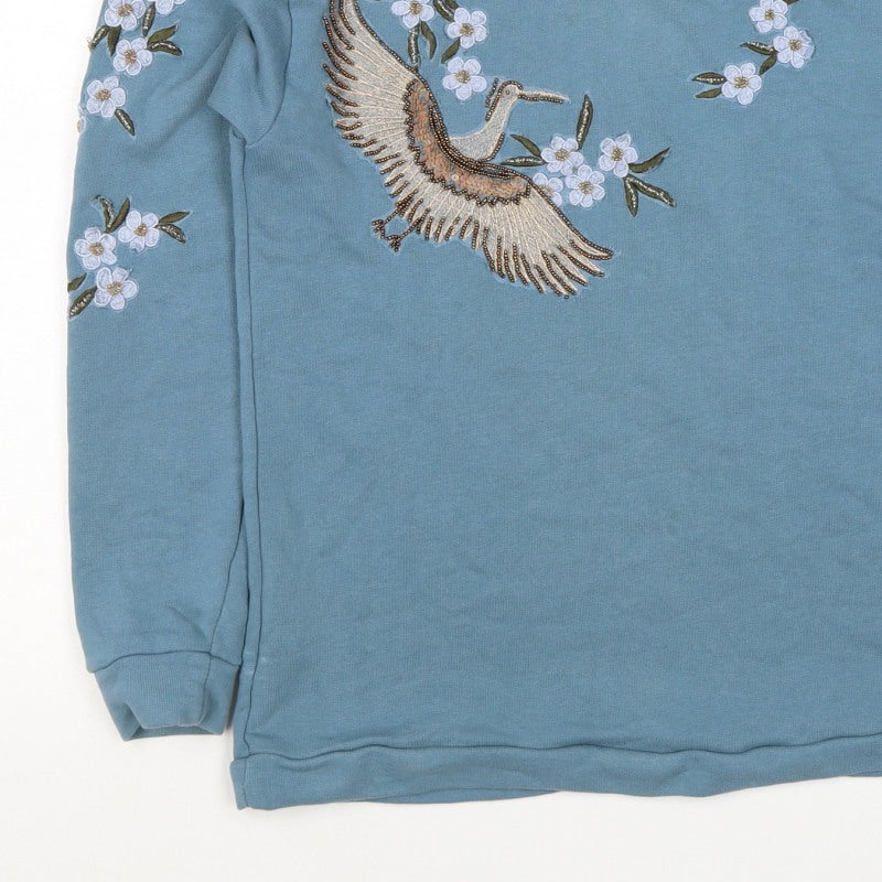 Naf Naf Women’s Blue S Embroidered Beaded Bird Tie Back Sweatshirt