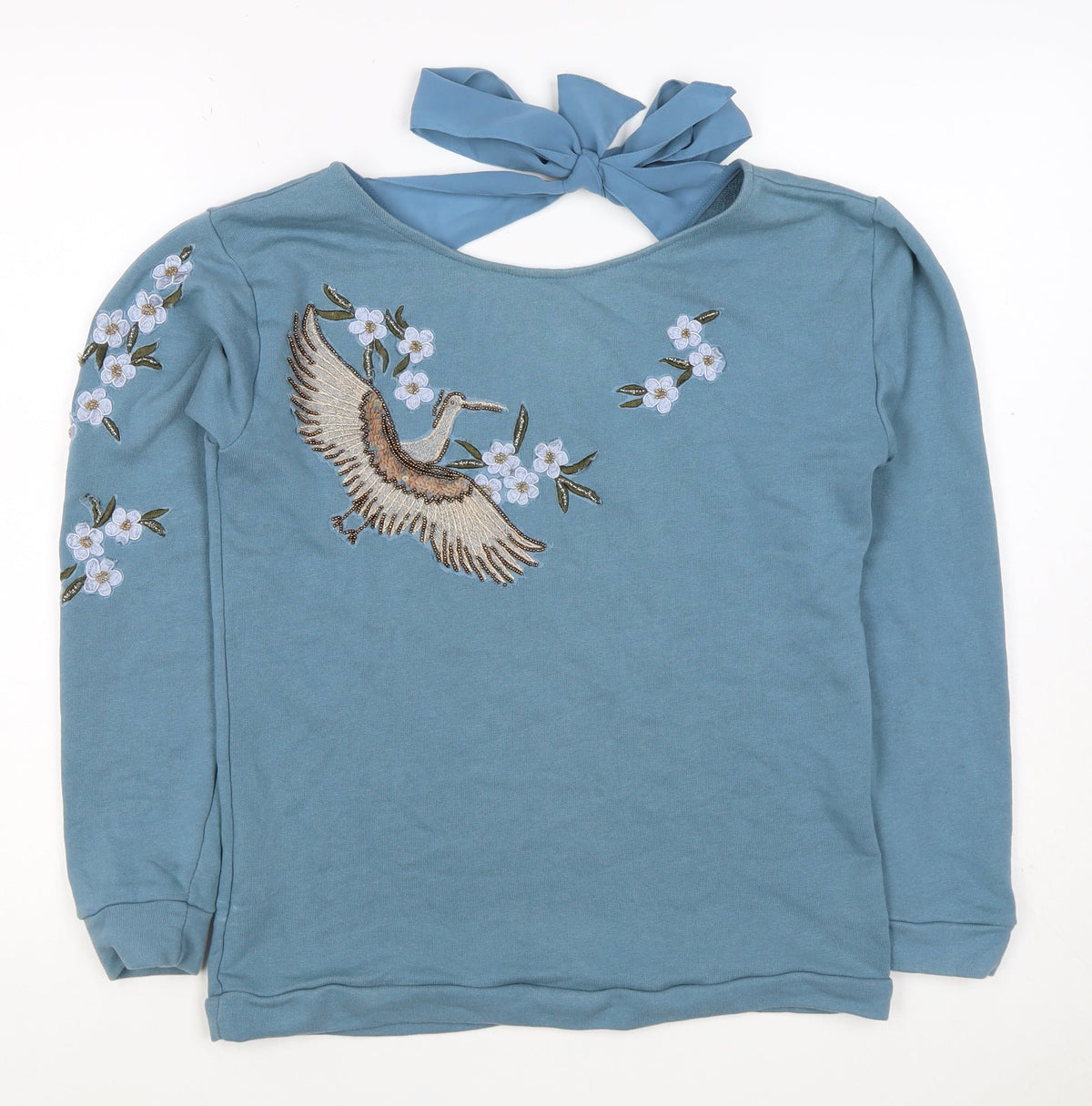 Naf Naf Women’s Blue S Embroidered Beaded Bird Tie Back Sweatshirt
