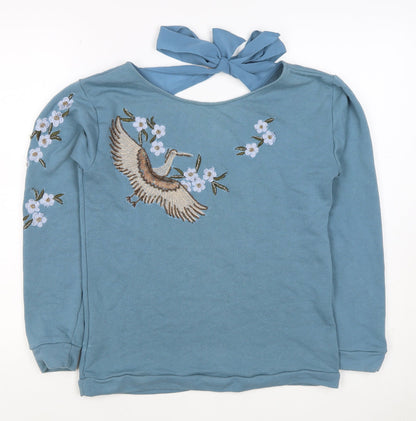 Naf Naf Women’s Blue S Embroidered Beaded Bird Tie Back Sweatshirt