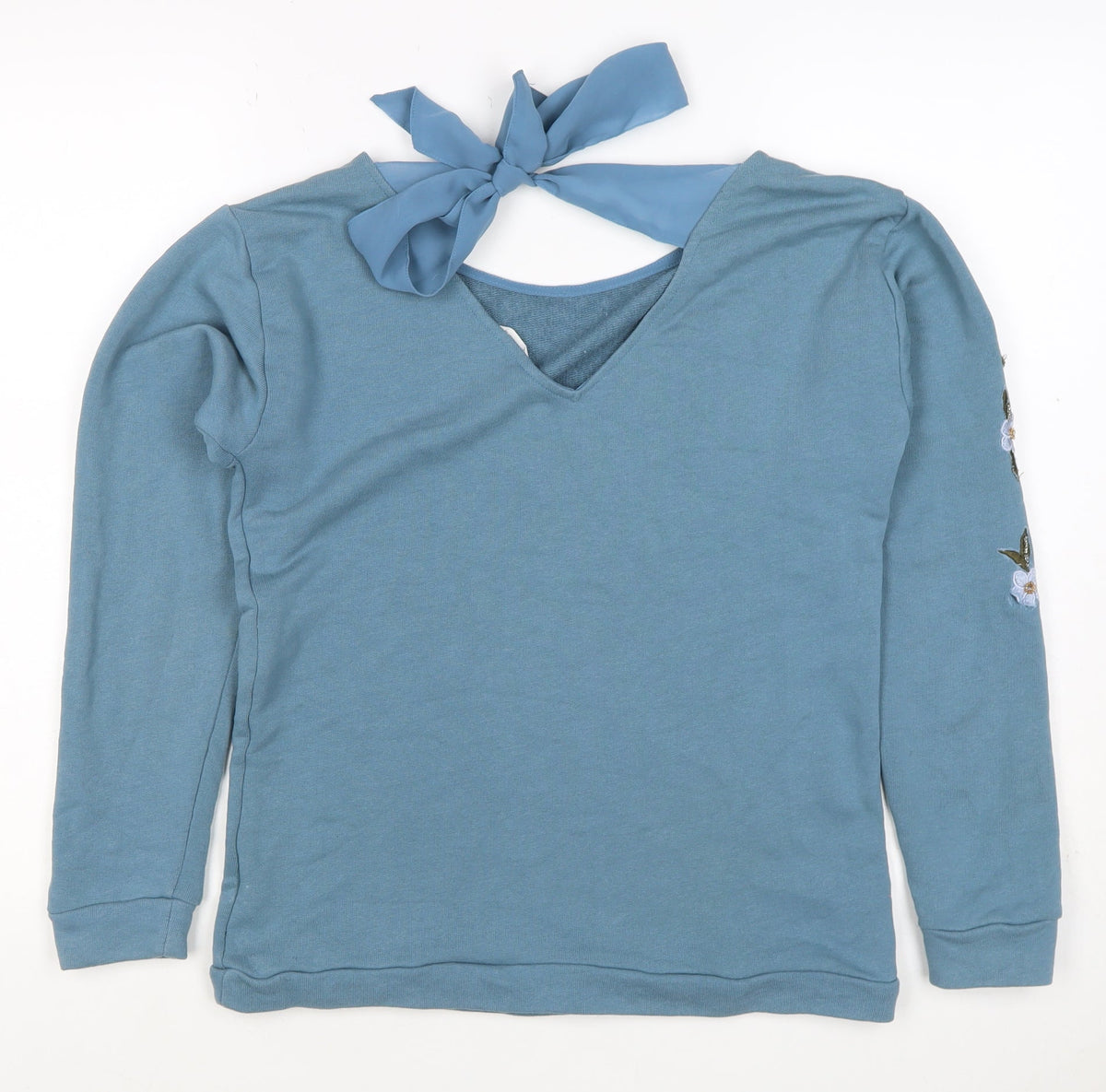 Naf Naf Women’s Blue S Embroidered Beaded Bird Tie Back Sweatshirt