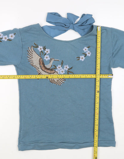 Naf Naf Women’s Blue S Embroidered Beaded Bird Tie Back Sweatshirt