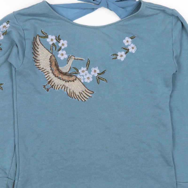 Naf Naf Women’s Blue S Embroidered Beaded Bird Tie Back Sweatshirt