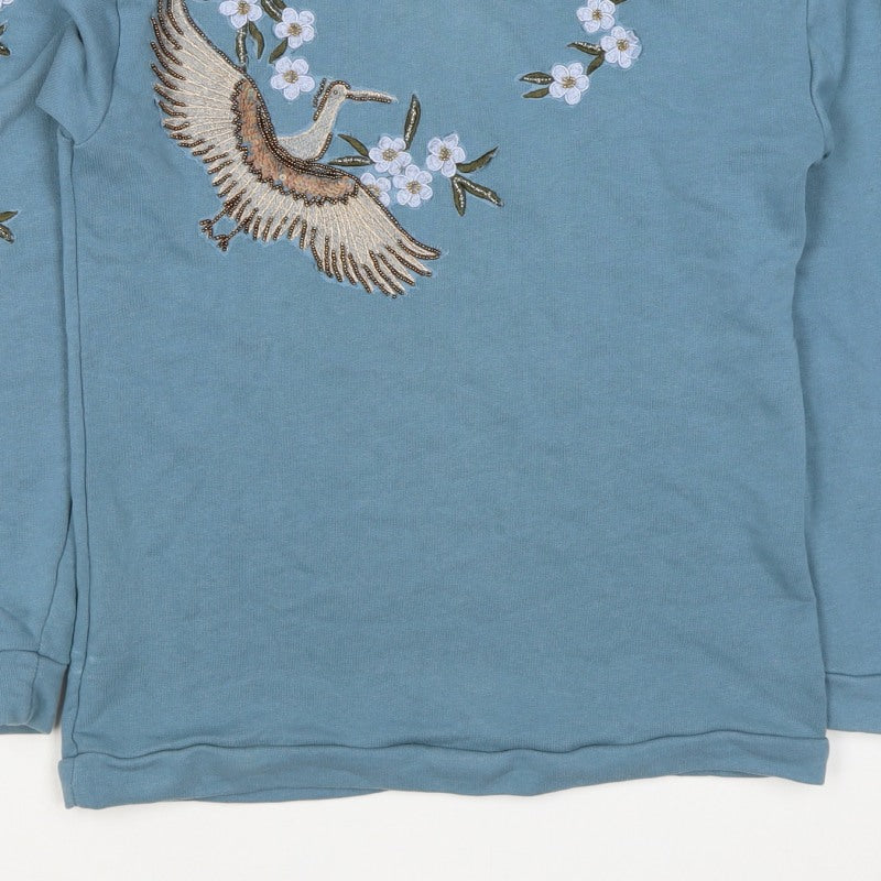 Naf Naf Women’s Blue S Embroidered Beaded Bird Tie Back Sweatshirt