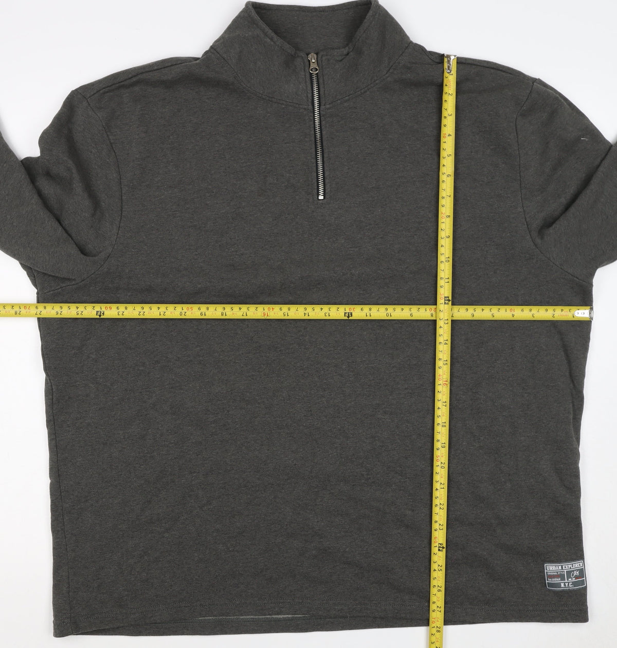 Brand and care label for Livegy Men’s Grey XL 1/4 Zip Fleece Lined High Neck Sweatshirt NYC