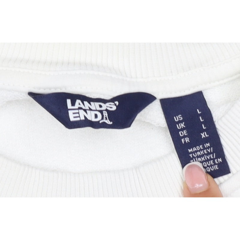 Lands' End Women White L Pullover Crew Neck Cotton Blend Sweatshirt