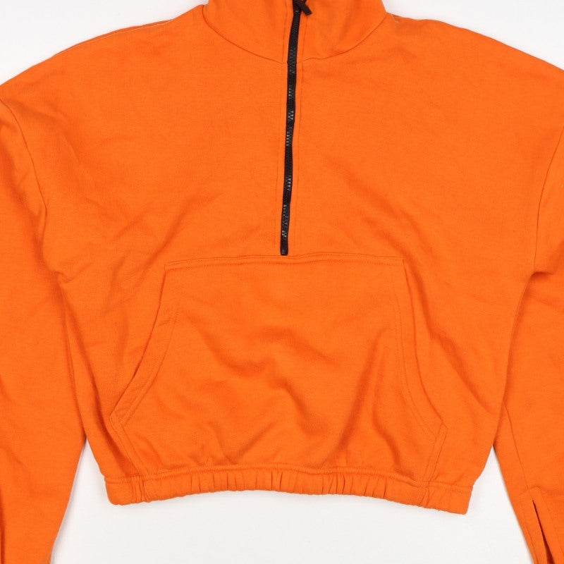 Boohoo Women Orange L Half Zip High Neck Fleece Sweatshirt Kangaroo Pocket