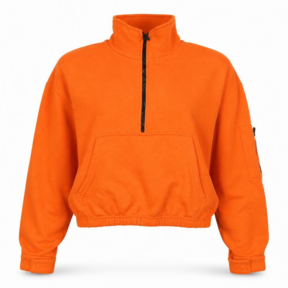 Boohoo Women Orange L Half Zip High Neck Fleece Sweatshirt Kangaroo Pocket