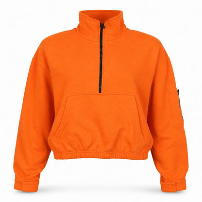 Boohoo Women Orange L Half Zip High Neck Fleece Sweatshirt Kangaroo Pocket