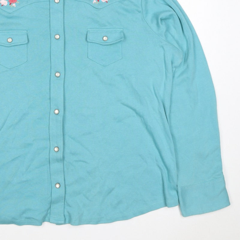Casual & Co Womens Blue 2XL Embroidered Floral Snap Front Sweatshirt