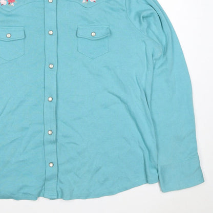 Casual & Co Womens Blue 2XL Embroidered Floral Snap Front Sweatshirt