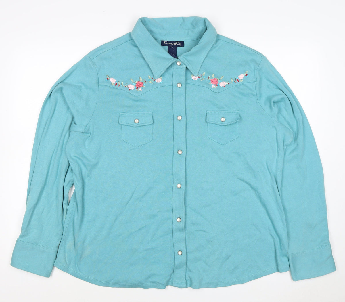 Casual & Co Womens Blue 2XL Embroidered Floral Snap Front Sweatshirt