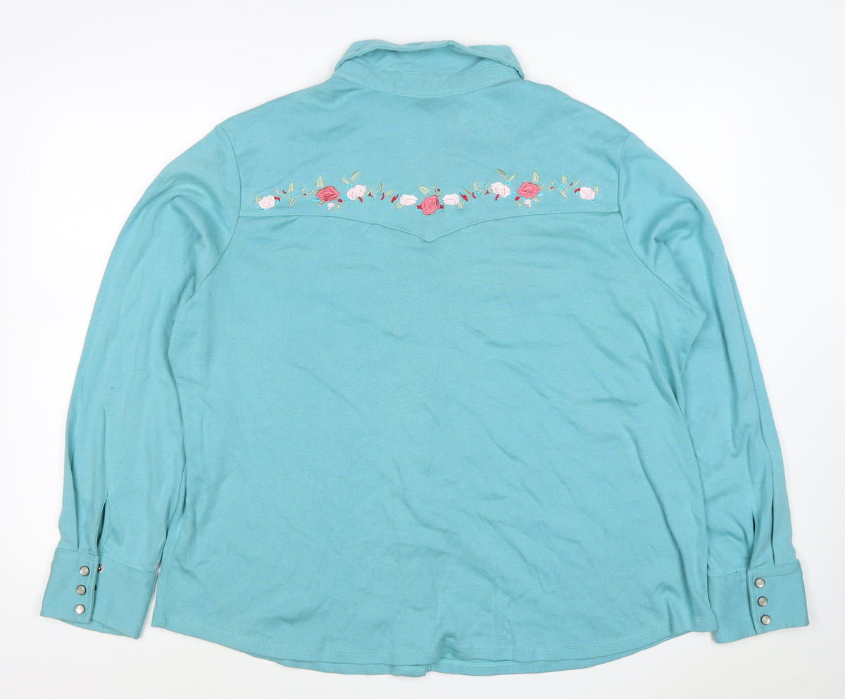 Casual & Co Womens Blue 2XL Embroidered Floral Snap Front Sweatshirt