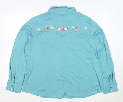 Casual & Co Womens Blue 2XL Embroidered Floral Snap Front Sweatshirt