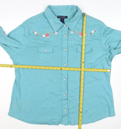 Casual & Co Womens Blue 2XL Embroidered Floral Snap Front Sweatshirt