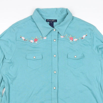 Casual & Co Womens Blue 2XL Embroidered Floral Snap Front Sweatshirt