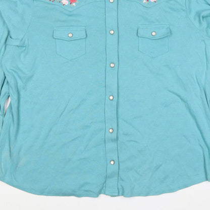 Casual & Co Womens Blue 2XL Embroidered Floral Snap Front Sweatshirt