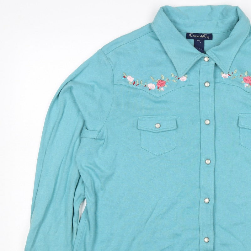 Casual & Co Womens Blue 2XL Embroidered Floral Snap Front Sweatshirt