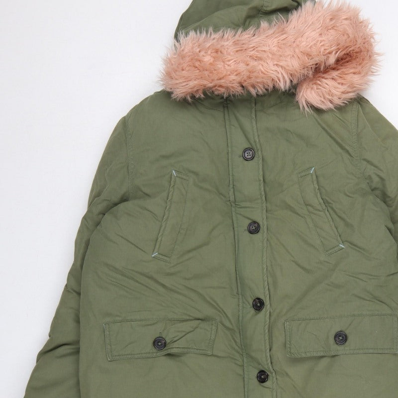 Boden Girls Green Parka Coat 15-16 Years Pink Faux Fur Hood Winter
