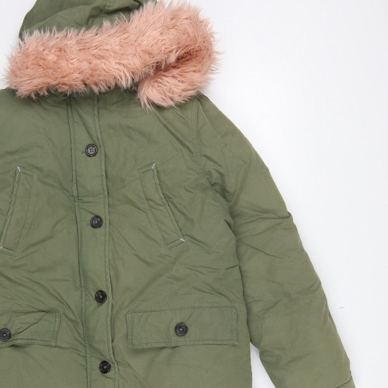 Boden Girls Green Parka Coat 15-16 Years Pink Faux Fur Hood Winter