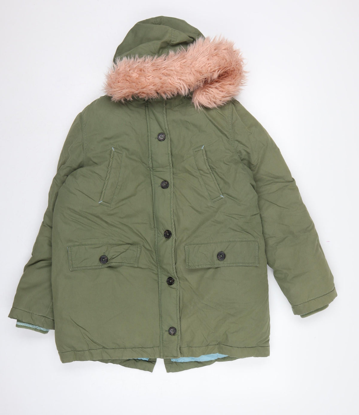 Boden Girls Green Parka Coat 15-16 Years Pink Faux Fur Hood Winter