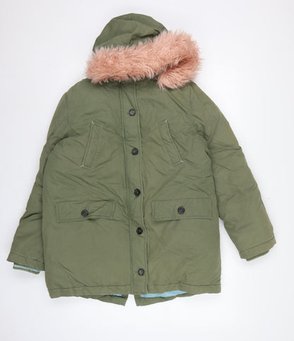 Boden Girls Green Parka Coat 15-16 Years Pink Faux Fur Hood Winter