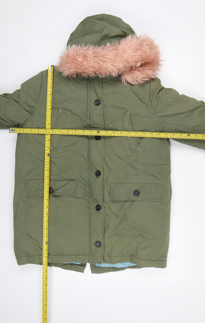 Boden Girls Green Parka Coat 15-16 Years Pink Faux Fur Hood Winter