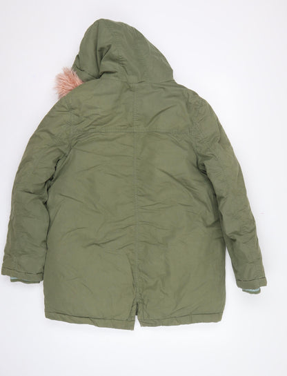 Boden Girls Green Parka Coat 15-16 Years Pink Faux Fur Hood Winter