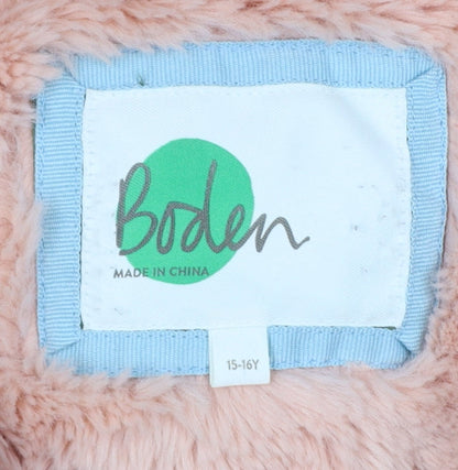 Boden Girls Green Parka Coat 15-16 Years Pink Faux Fur Hood Winter