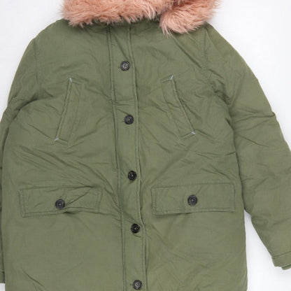Boden Girls Green Parka Coat 15-16 Years Pink Faux Fur Hood Winter