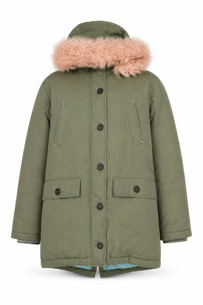 Boden Girls Green Parka Coat 15-16 Years Pink Faux Fur Hood Winter