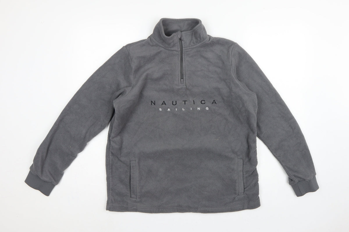 Nautica Men's Grey M 1/4 Zip Fleece Pullover Sweatshirt Logo Pockets