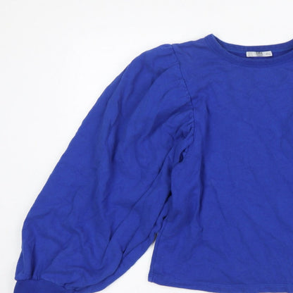Zara Women Blue S Cotton Pullover Sweatshirt Balloon Sleeve Crew Neck
