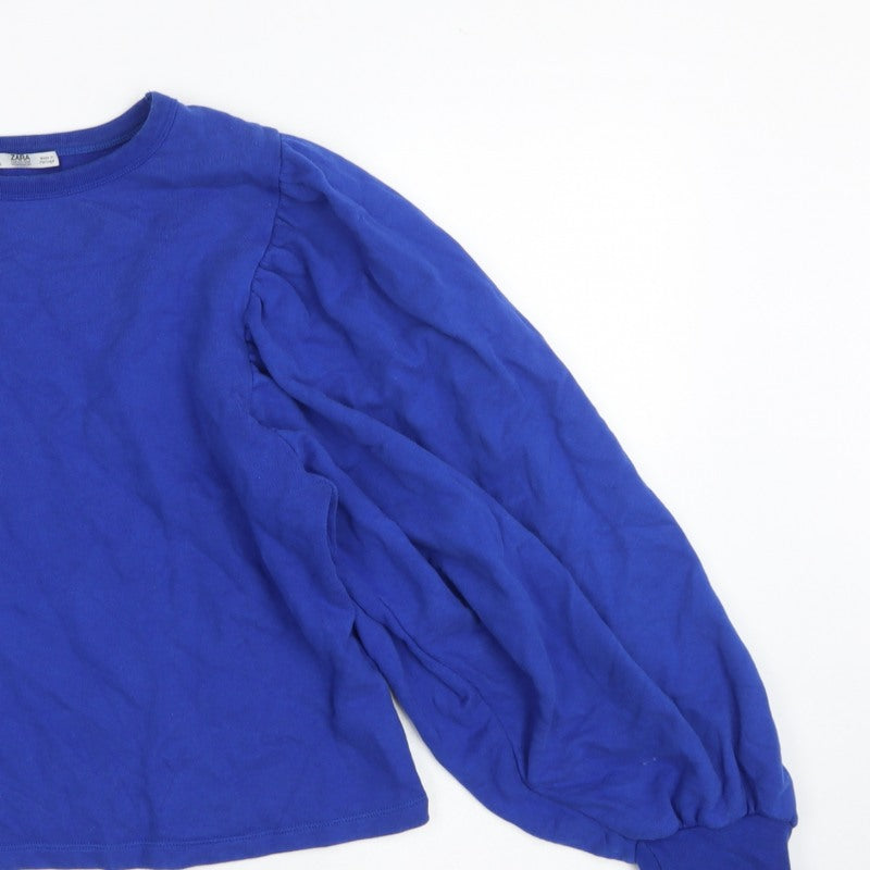Zara Women Blue S Cotton Pullover Sweatshirt Balloon Sleeve Crew Neck