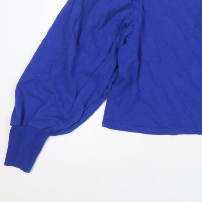 Zara Women Blue S Cotton Pullover Sweatshirt Balloon Sleeve Crew Neck